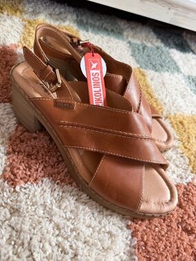 PIKOLINOS Cognac Leather Crisscross Slingback Block Heel